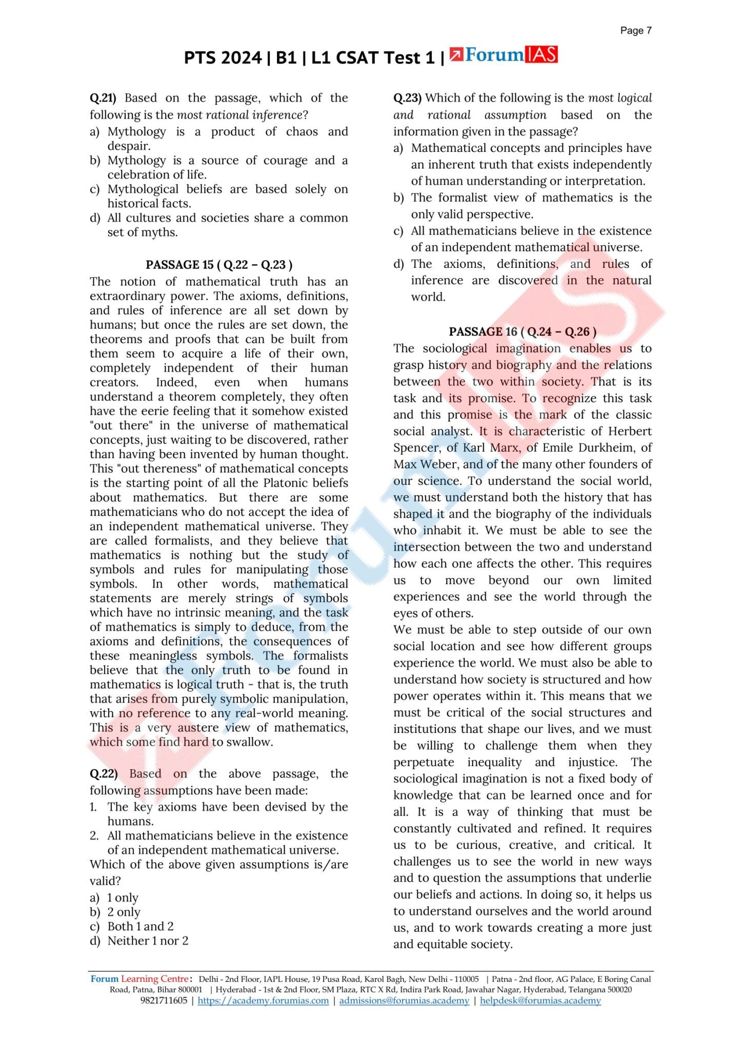 Forum IAS PTS CSAT 6 Test Series in English for Prelims 2024